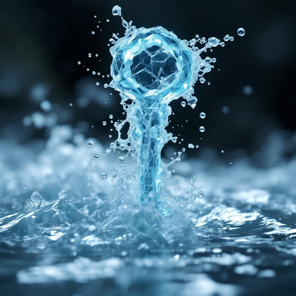 AI generated: Create a key made of Aquamarine with water and ice colliding at the hilt and the teeth of the key ar...
