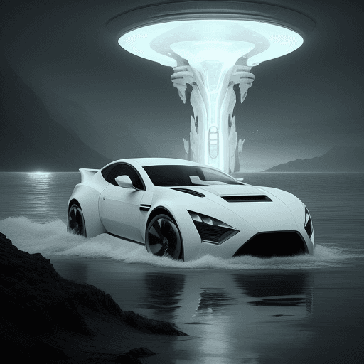 AI generated: a white car driving through water, in the style of futuristic spacecraft design, eerie landscapes, o...