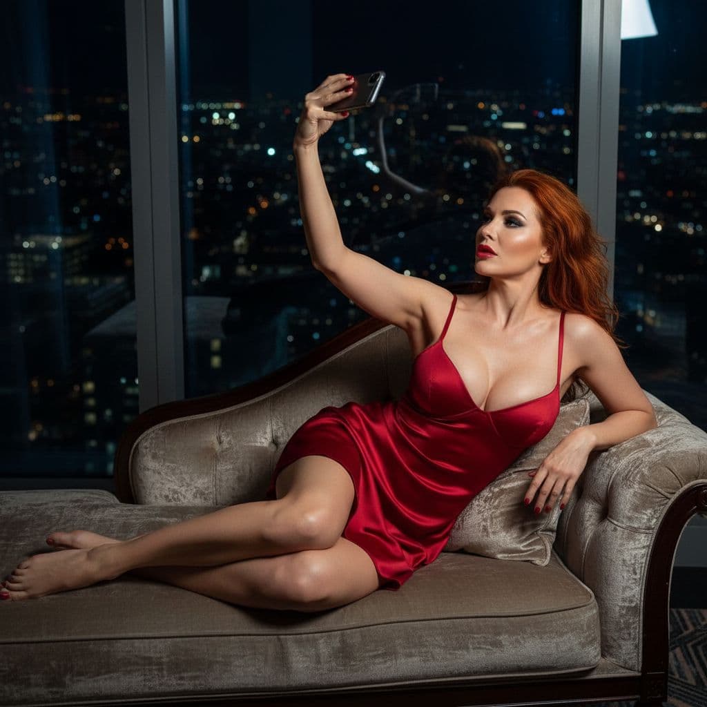 AI generated: 8K RAW cinematic boudoir portrait of a dominant 45-year-old wealthy cougar reclining on a penthouse ...