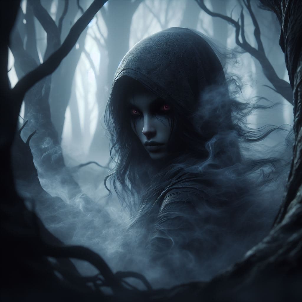 AI generated: In a dark, mist-shrouded forest, Umbra, a shadowy assassin, lurks among the twisted trees. The photo...