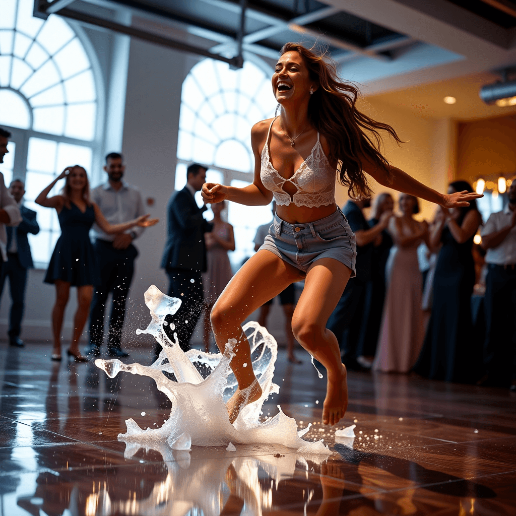 AI generated: An action shot from a low angle, capturing a joyful, lush woman in mid-leap on a dance floor. A spla...