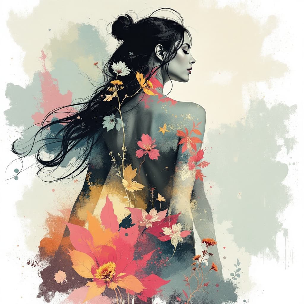 AI generated: A minimalist, t-shirt design with a vintage twist, a sleek and stylized unclad woman body silhouette...