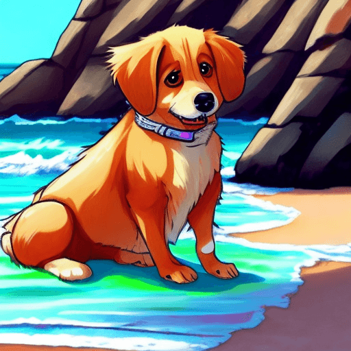 AI generated: anime style, dog sitting on a beach