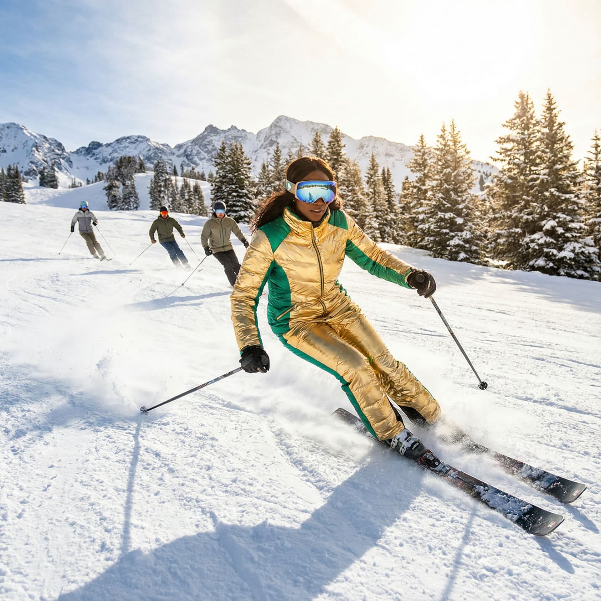 AI generated: A confident dark brown-skinned woman glides down a pristine snow-covered mountain slope, leading the...