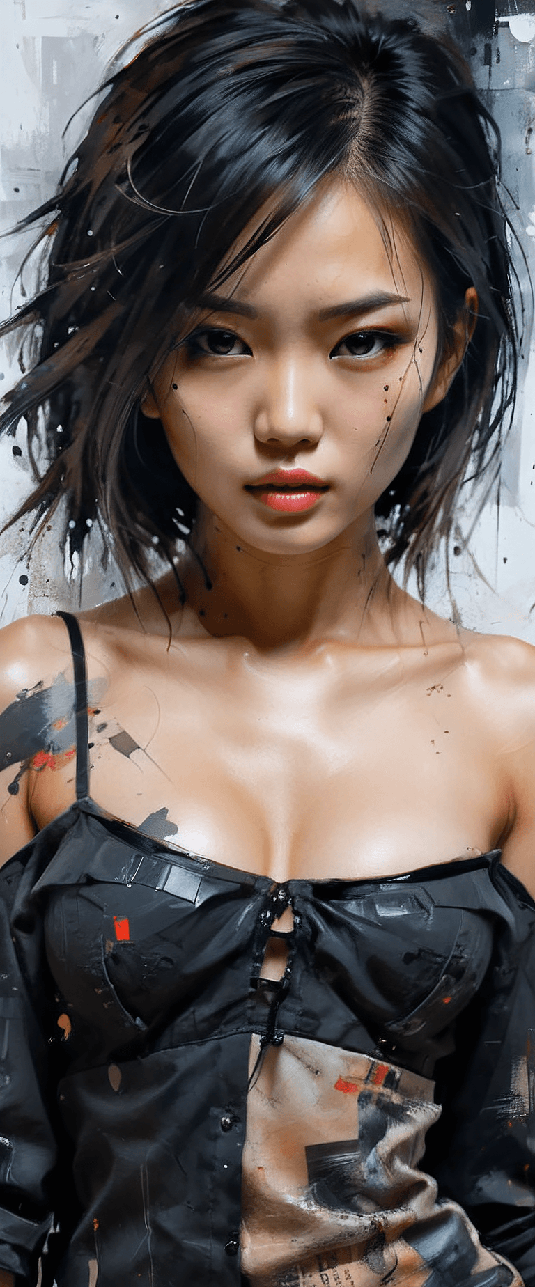 AI generated: aesthetic, painterly style,  modern ink, Asian girl, sensual, sultry,  dark blouse, expressive pose,...