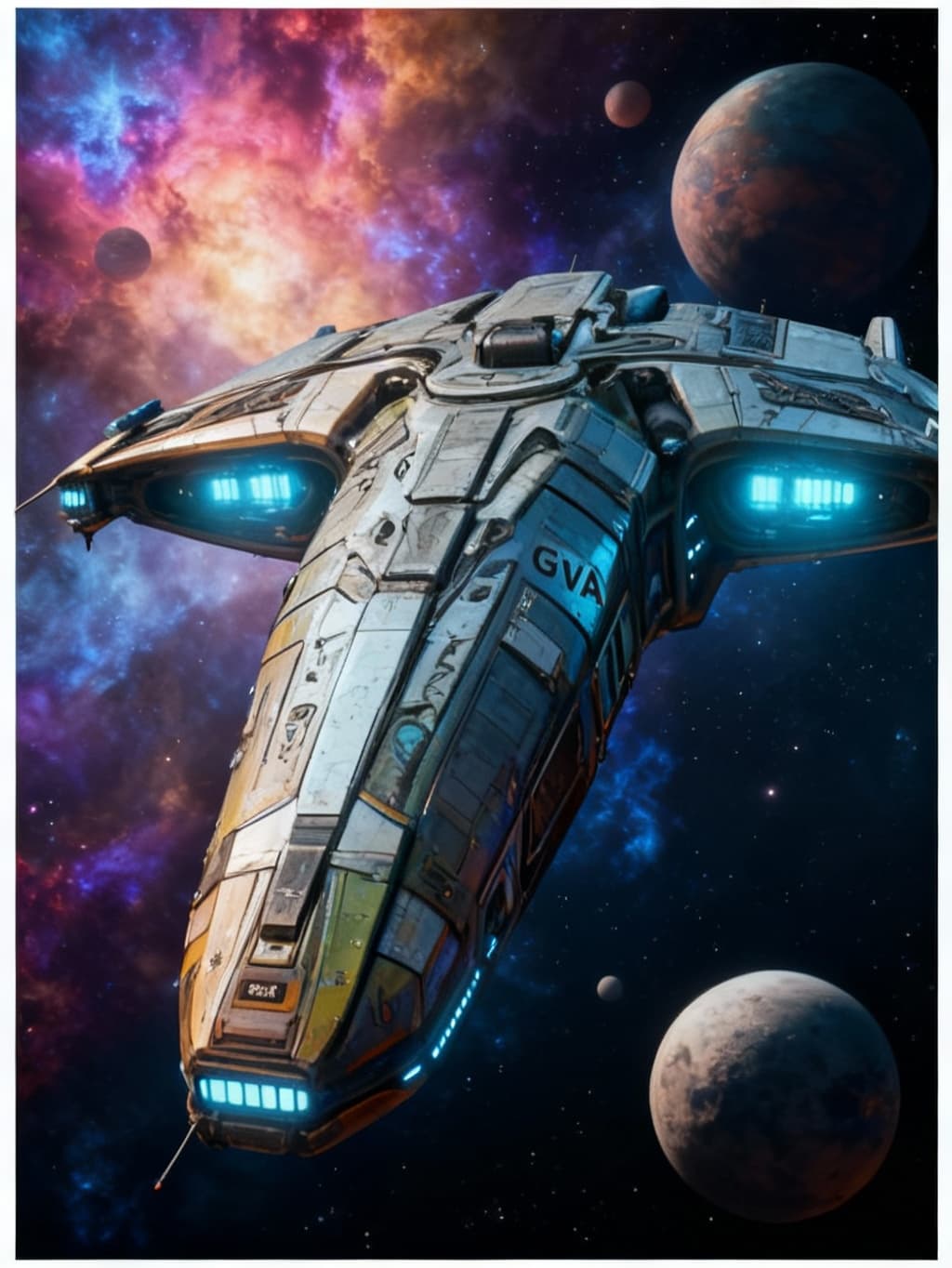 AI generated: Reimagine, in detail, the alien spaceship to show a new design. Reposition and add or change paint c...
