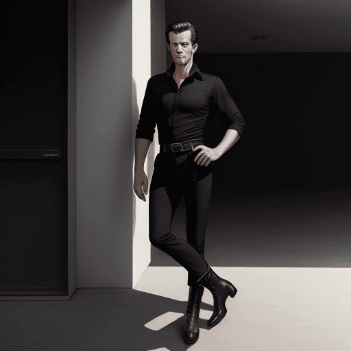 AI generated: Hyper realistic eye level exterior photo of a mid century modern man wearing a black shirt and black...