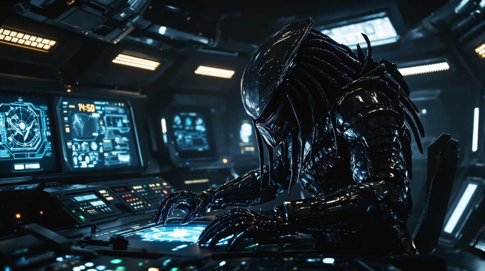 AI generated: a highly detailed cinematic rendering of a predator from the movie alien vs predator, a futuristic h...