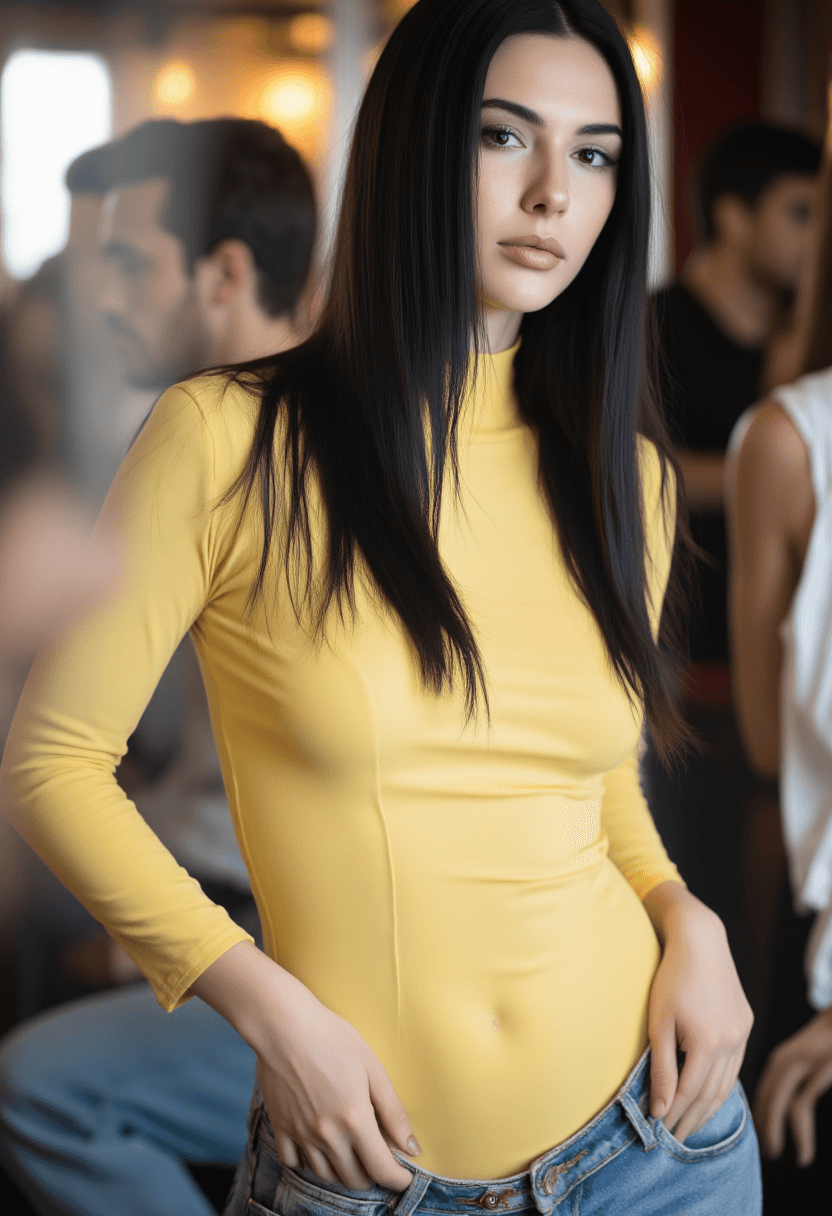 AI generated: In a dimly lit pub, a woman with long straight black hair and light bluish-gray eyes stands in a tig...