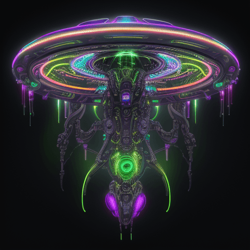 AI generated: neon rainbow cyborg biomechanical UFO, ALIEN SPACESHIP  lsd  mdma  rainbow iridescence  intricate  f...