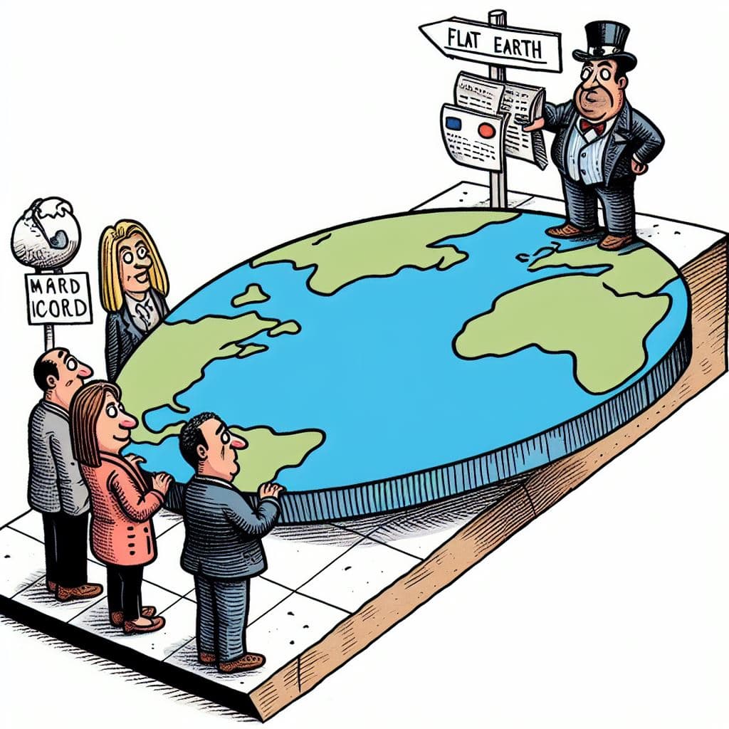AI generated: A caricature that illustrates the term "Flat Earth", style of New Yorker Magazine