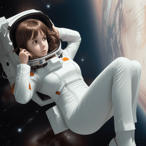 AI generated: Girl in white suit, brown hair, floating in space. 