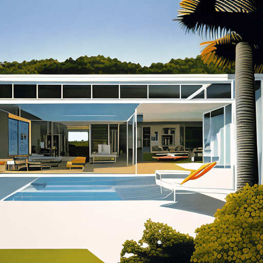 AI generated: Rosie Perez spanking Nicole Murphy 

Hyper realistic eye level exterior photo of a mid century moder...