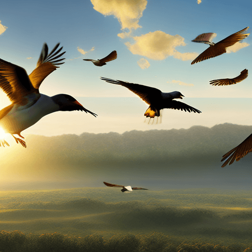 AI generated: 4k realistic image of a beautiful landscape, birds flying, morning sun shine, 