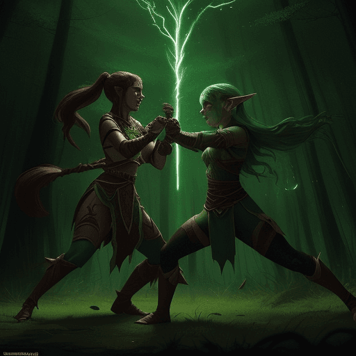 AI generated: Intense fight scene between Ruira (young female orc warrior) and an elegant elf warrior in the dark ...