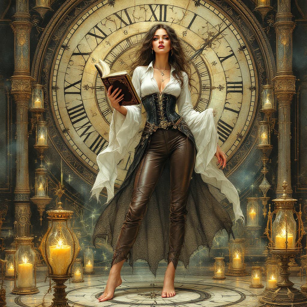 AI generated: Full body view Enchanting mystical aura of barefoot female sorceress, intricate clock face backgroun...