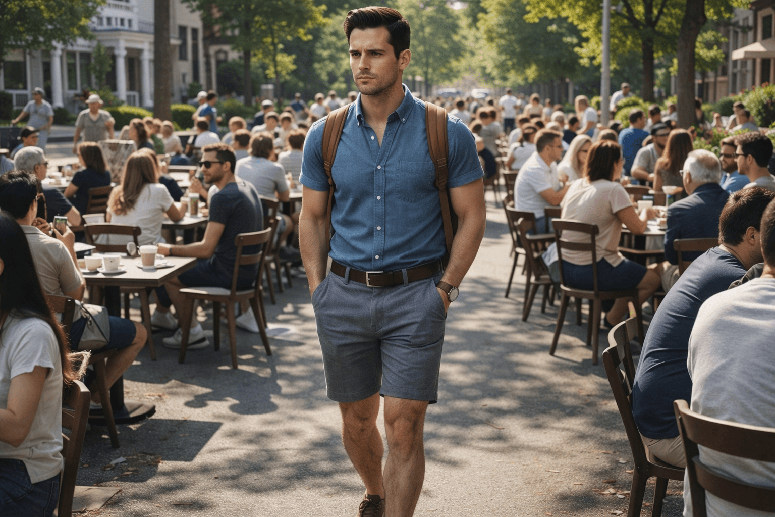 AI generated: In a sunny morning at a nice neighborhood. The model walking among a lot of people at a coffee shop ...
