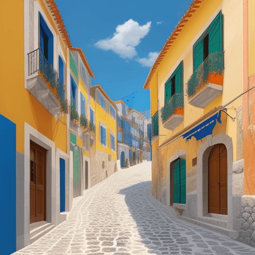 AI generated: a beautiful digital drawing of a portuguese street village, reduced palette of saturated colors, pic...