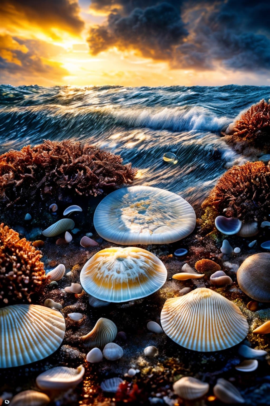 AI generated: 200 mm macro lens photo of sea bed, sand and pebbles under most beautiful stormy waves, sea shells a...