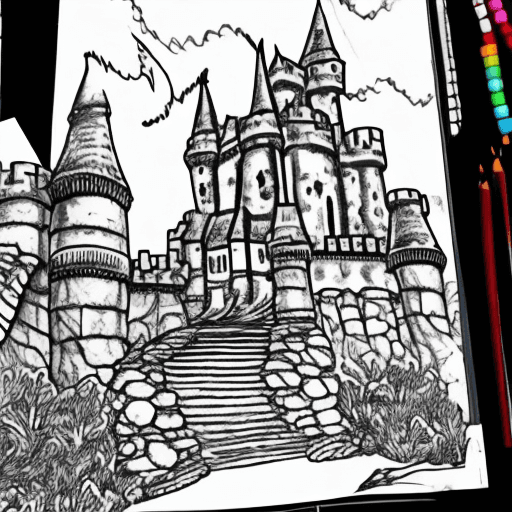 AI generated: coloring book, black and white, small dragon, a castle in the background
