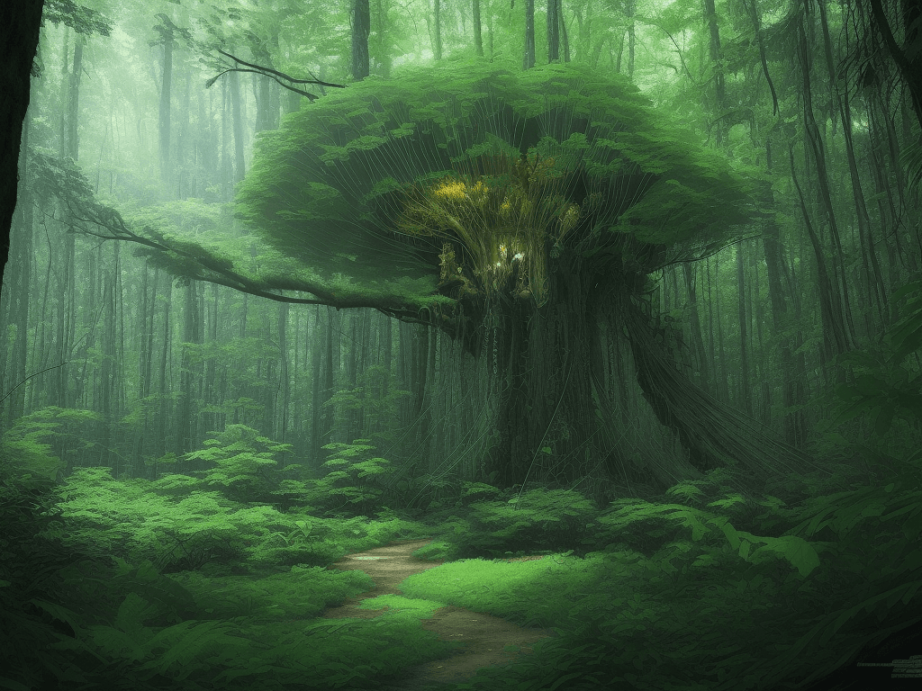 AI generated: anishinaabe woodlands forrestscape, (giant spiderweb stretching between two trees), hidden in the fo...