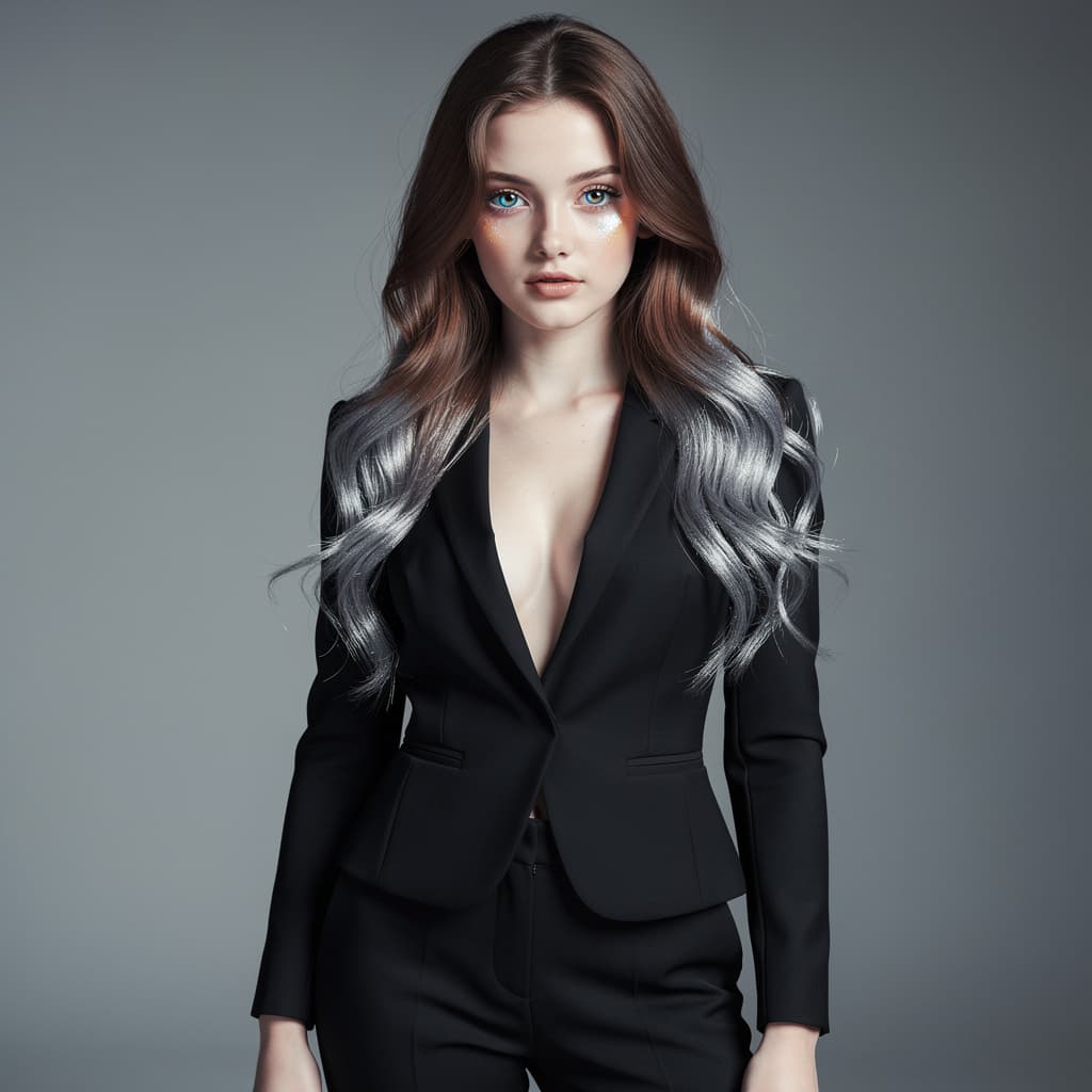 AI generated: A girl with long brown hair with silver-metallic tips, pale eyes with iridescences of blue and amber...