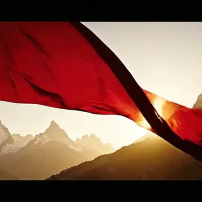 AI generated video: A silk flag rippling in mountain wind, shot in slow motion with backlight