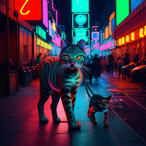 AI generated: animal felino mitológico con colores de neon en una calle de new york en la epoca de los años ochent...