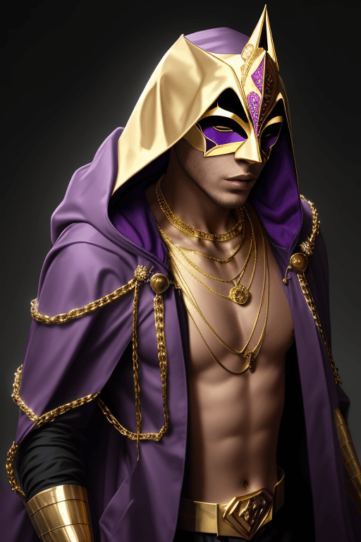AI generated: Man in purple cloak hood, golden triangle mask, gold chains and jewellery