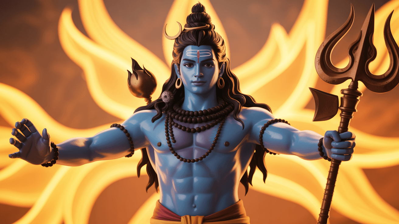 AI generated: Lord Shiva, Indian mythology, one piece character, symmetric body, wielding a trishula, full body, e...