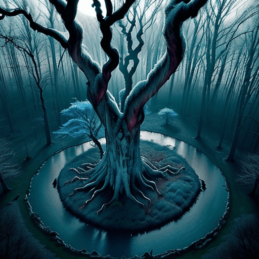 AI generated: A breathtaking aerial shot of a cool-toned forest, bathed in the eerie light of a blood moon. The ca...