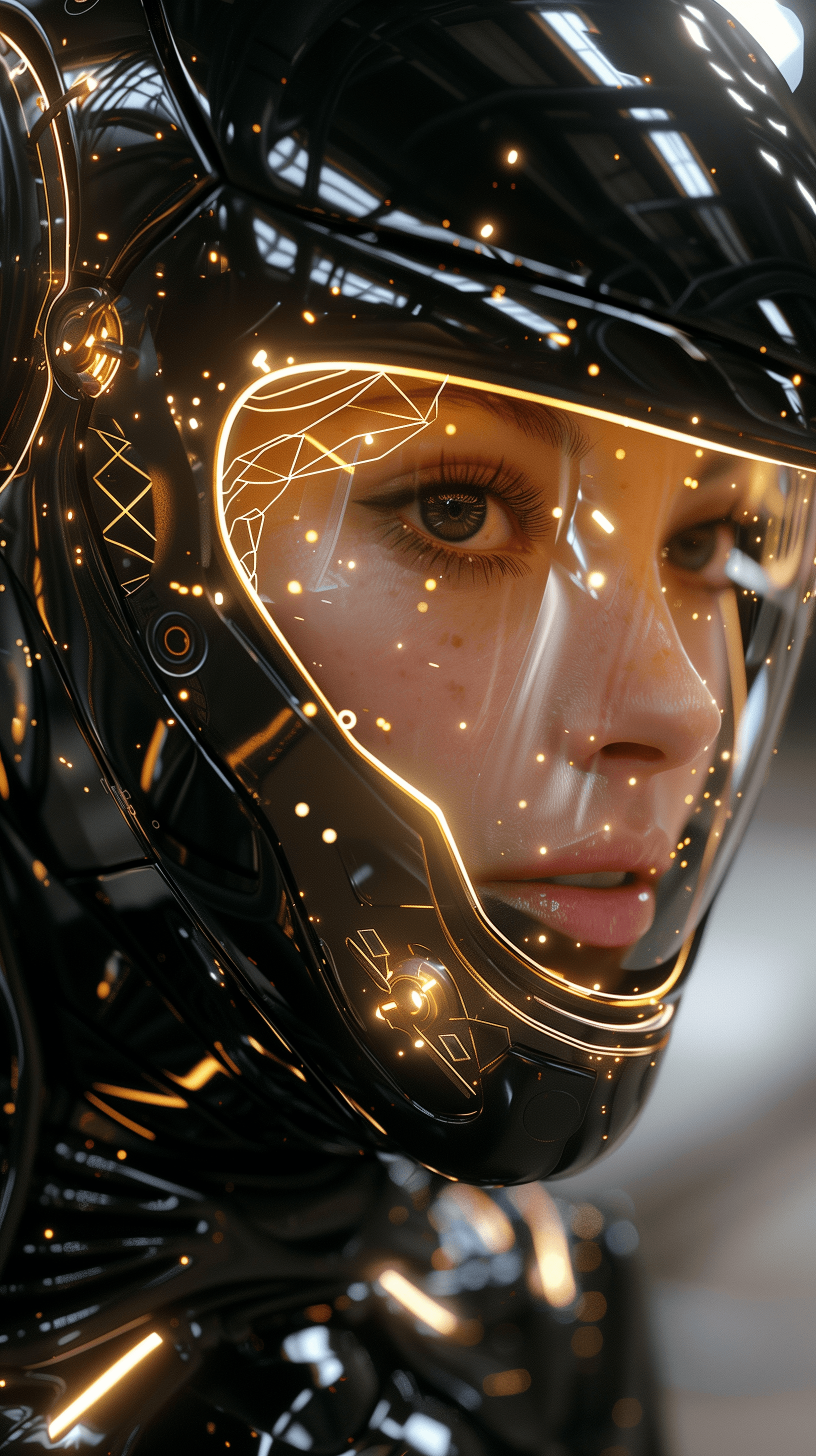 AI generated: woman wearing a cyberpunk style shiny black helmet with robotic features, the reflection on her face...