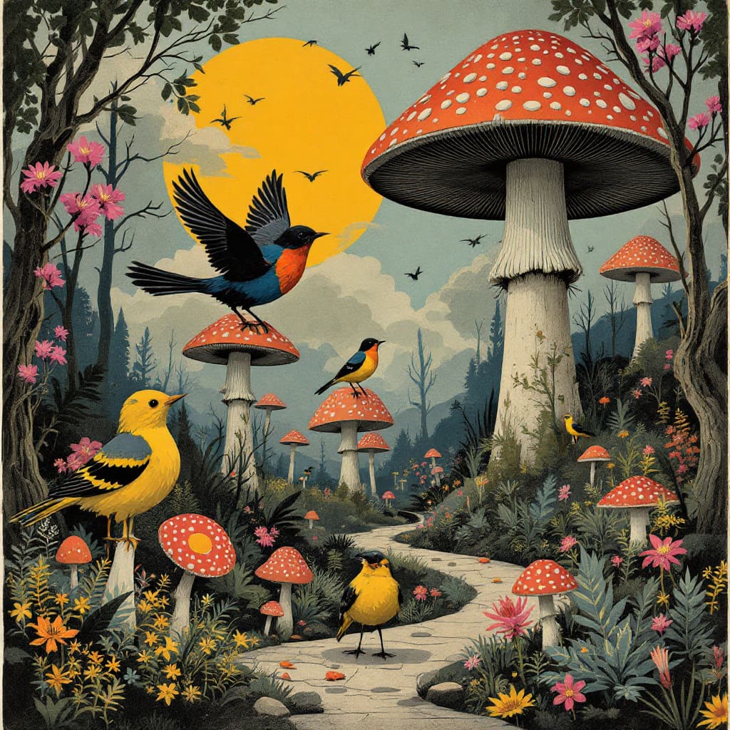 AI generated: a collage illustration of birds and giant mushrooms in a dystopic natural environment, collage retro...