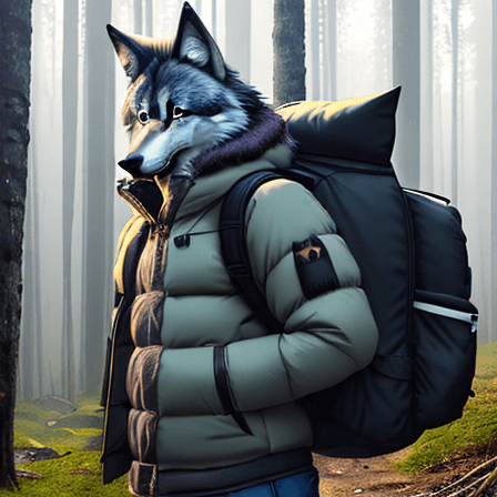 AI generated: furry, fursona, anthro, wolf male, anthropomorphic, clothed, puffy jacket, backpack, (subject on the...