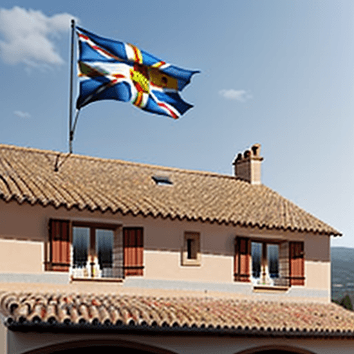 AI generated: Realistic photo. A British flag waving on a roof of a big Catalan countryside house. 