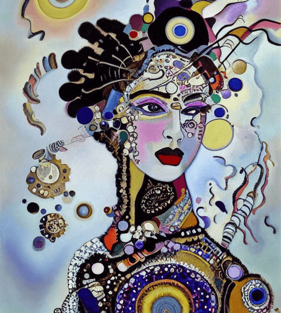AI generated: Oil painting, high resolution 8k, Kandinsky master painter, Byzantine artwork, 
young lady close up ...