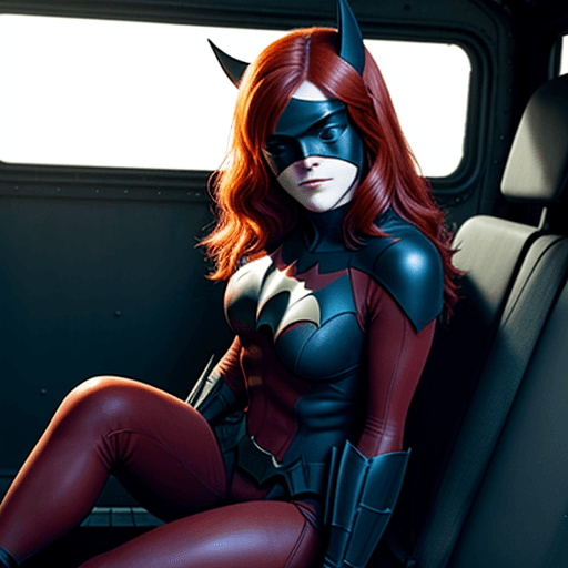 AI generated: Rose Leslie dressed as Batwoman, with a blindfold covering her eyes, sitting in the back of a van, h...