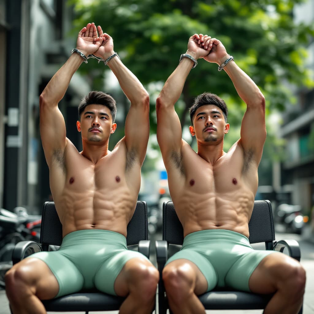 AI generated: Two male handsome Chinese criminals strong  wearing compressive cycling shorts in light green color ...