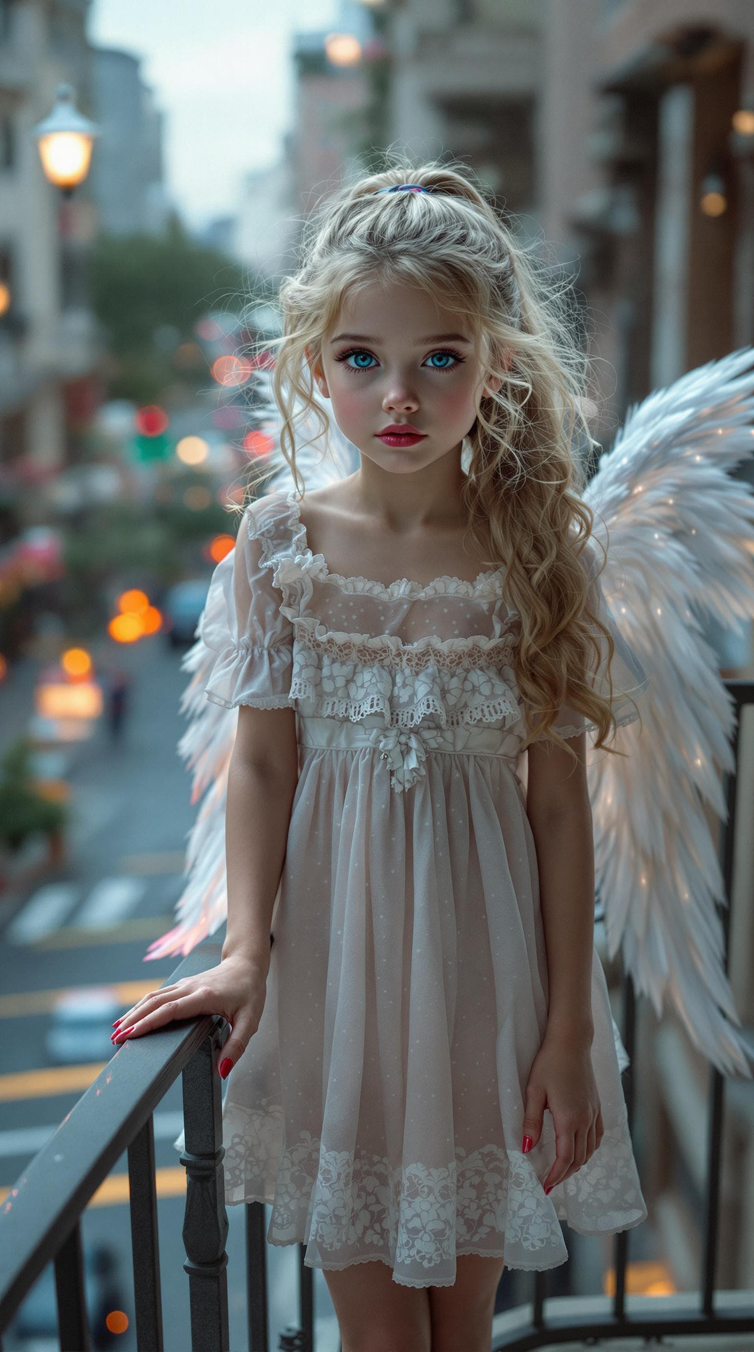 AI generated: a realistic photo of (age 7), (seven year old), Chloë Grace Moretz as a guardian angel, highly detai...