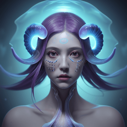 AI generated: Goddess close-up portrait ribcagel. jellyfish phoenix head, nautilus, orchid, skull, betta fish, bio...