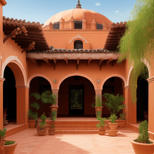 AI generated: exterior photo of a hacienda style house, open courtyard, terracota tile roof, domes and  brick pati...