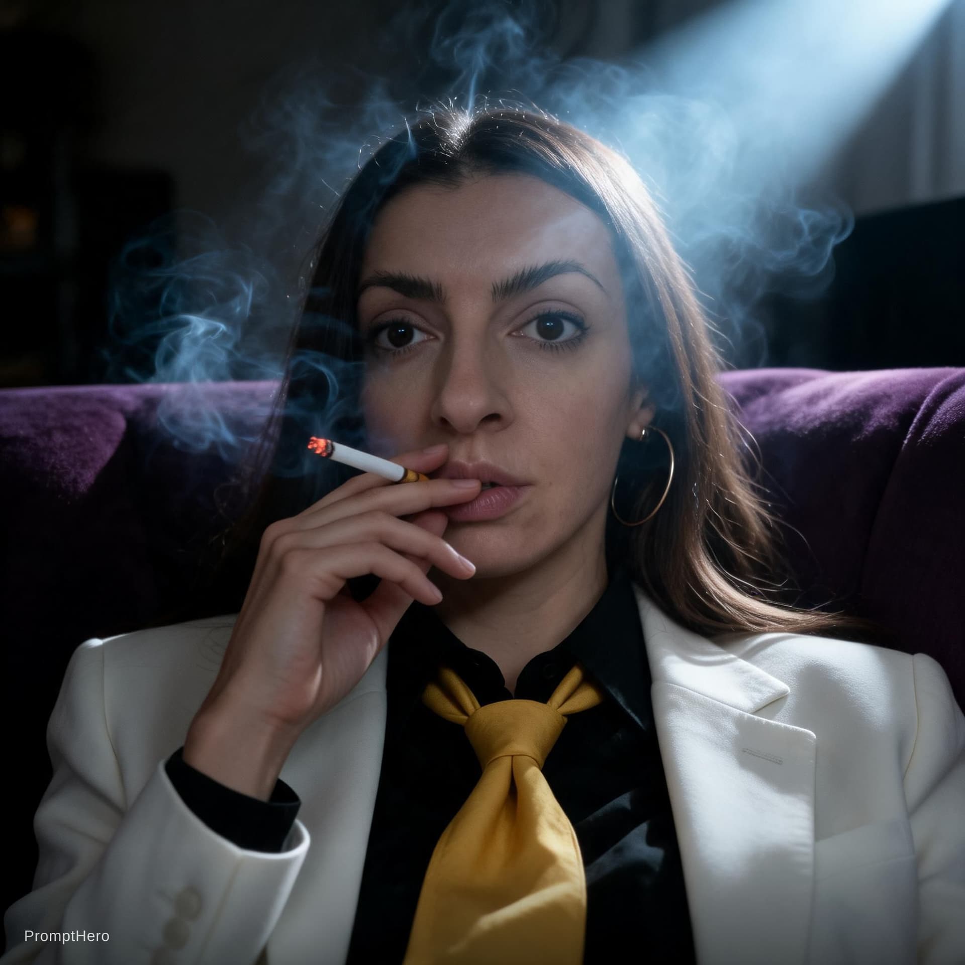 AI generated: snapshot, dimly lit room with a hazy atmosphere, capturing a female model lounging on a deep purple ...