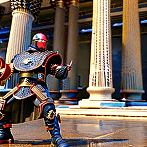 AI generated: 2 Gladiators, center stage, fighting mid-combat close-up, net and trident weaponry vs sword and shie...