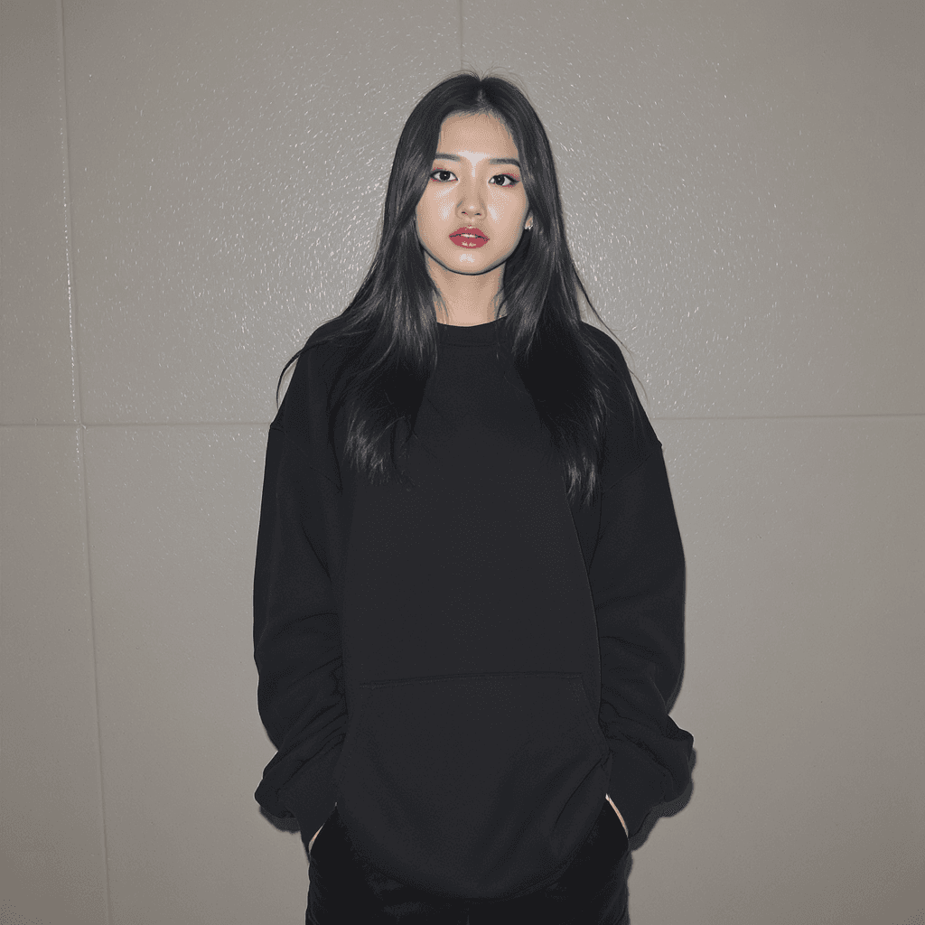 AI generated: 18 year old female, black hair, medium build, shy, in baggy but cute clothes
