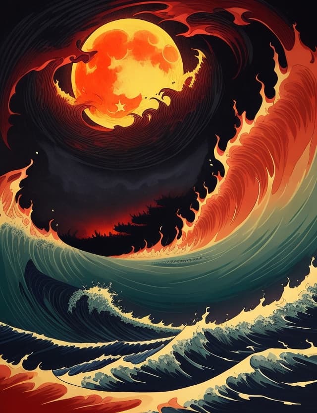 AI generated: (((El Niño moon))) surrounded by an inferno, flames rose high, casting an ominous glow in the night....