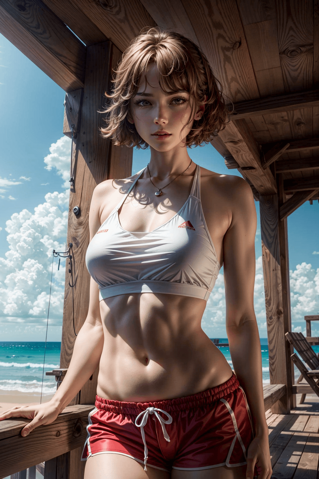 AI generated: 1girl, (full body), (action shot), (dynamic pose), (a girl as a lifeguard wearing a plain white shir...