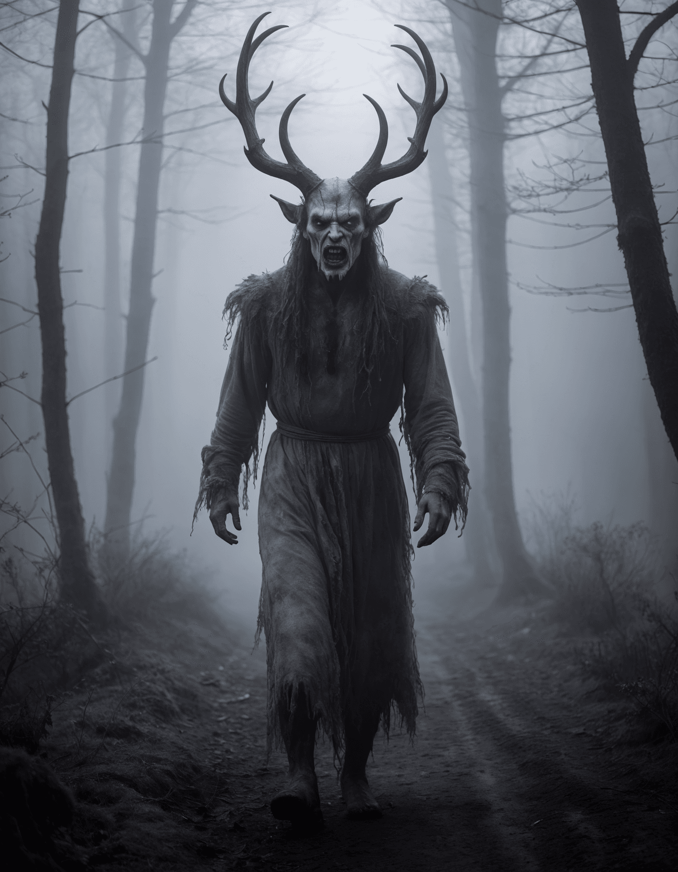 AI generated: cinematic film still, awardwinning photo, eerie humanoid horned spirit, exuding mist and cold and ic...