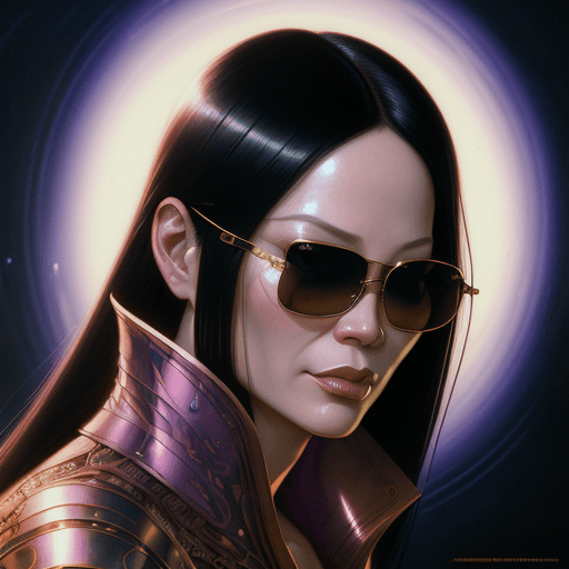 AI generated: beautiful gemini fantasy character portrait, lucy liu kill bill wearing chrome ray bans, ultra reali...