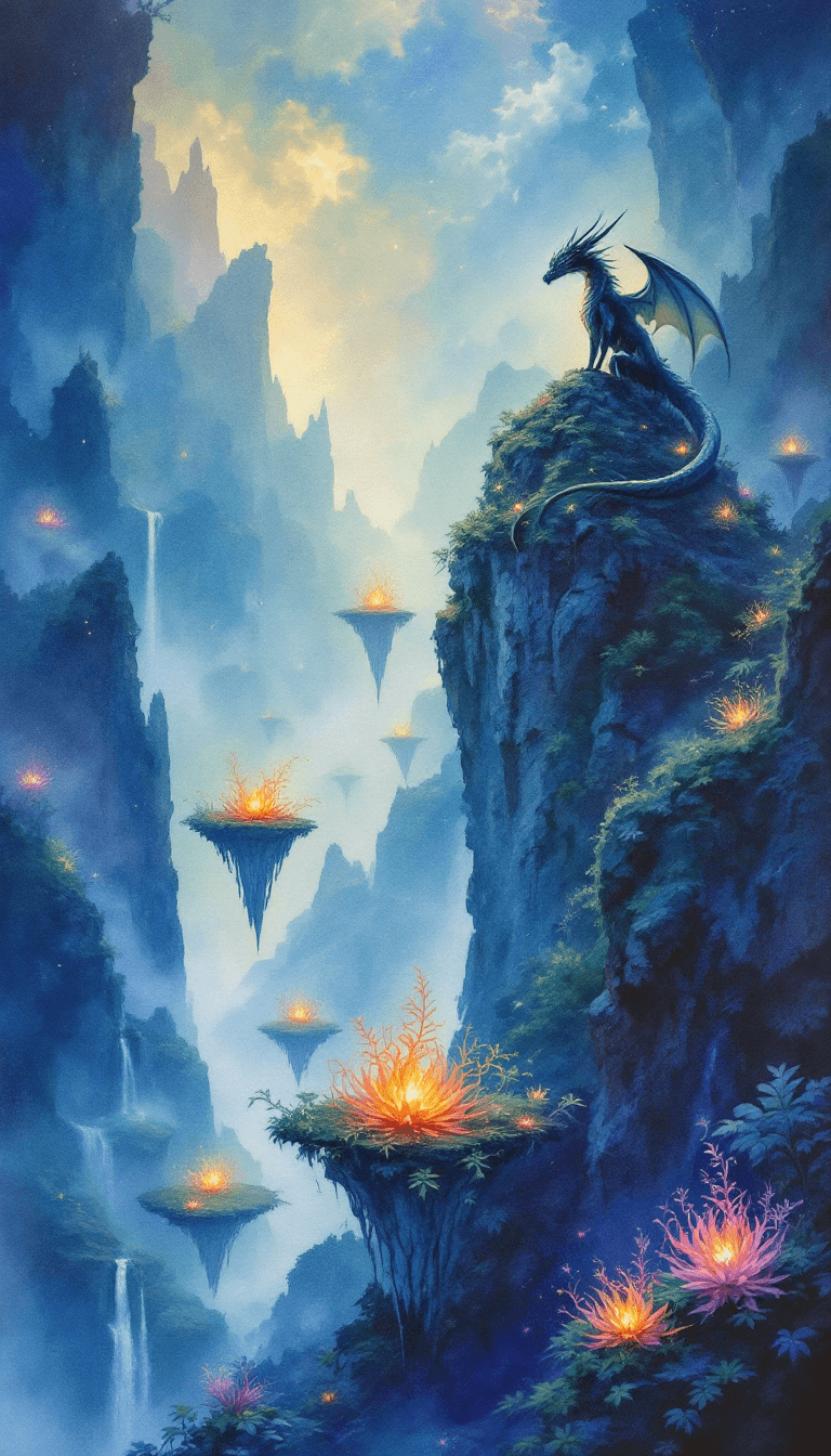 AI generated: A majestic Dragon perched on a craggy mountaintop, overlooking a mystical valley filled with floatin...