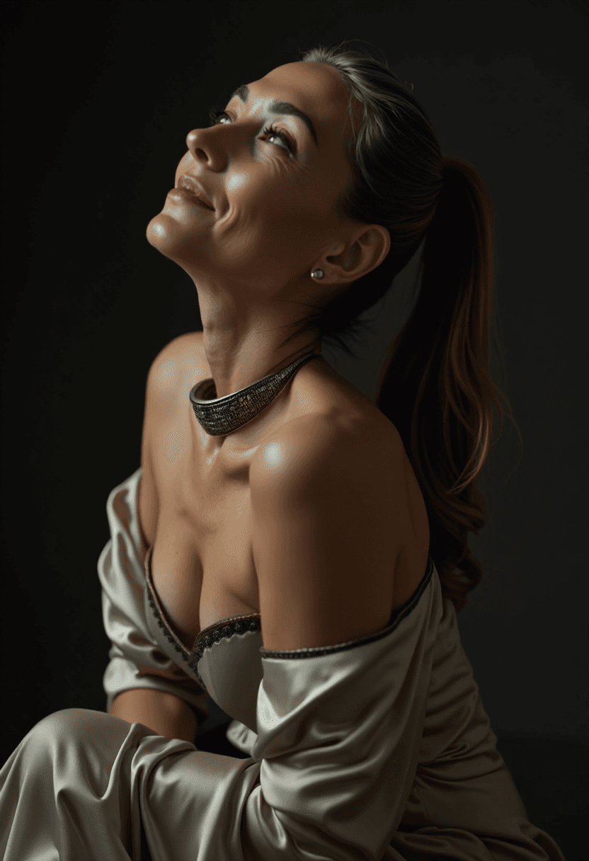 AI generated: A raw, hyper-realistic close-up of a middle-aged woman kneeling gracefully, her head tilted upward w...